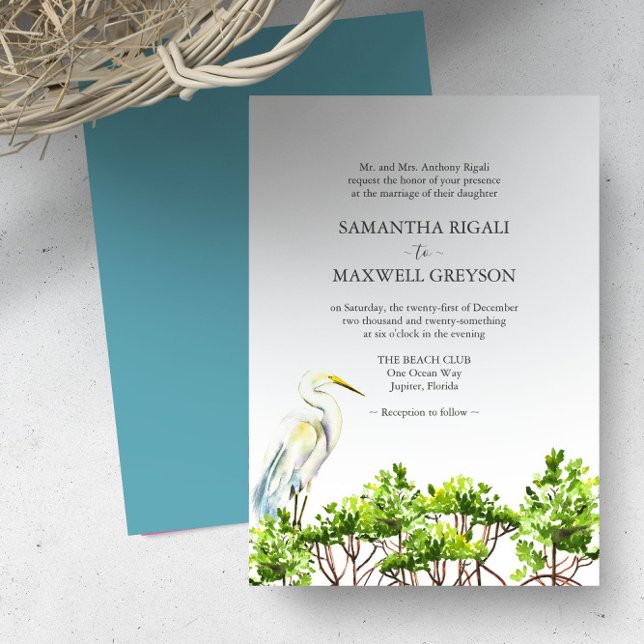 Tropisk akvarell fågel formell bröllop inbjudningar (Destination wedding invitations watercolor great white heron and mangroves art Victoria Grigaliunas)