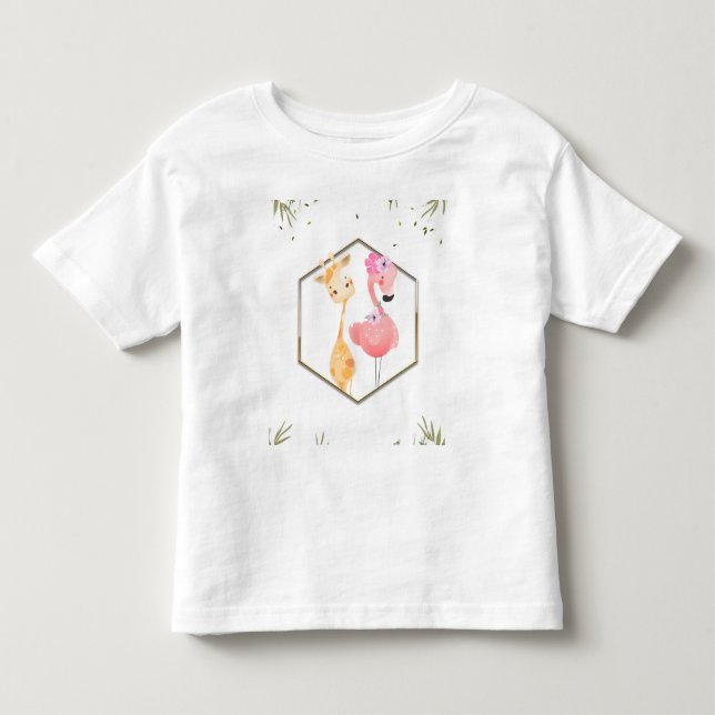 Tropisk akvarell flamingo & giraff baby shower t shirt (Framsida)