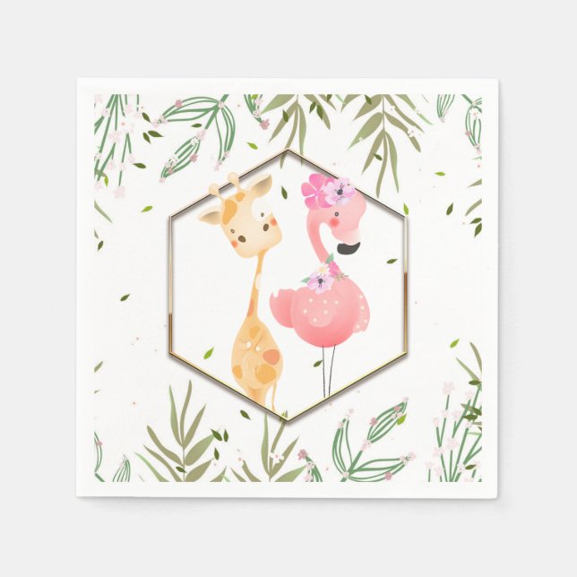 Tropisk akvarell Flamingo & Giraff Barnkalas Pappersservett (Framsidan)