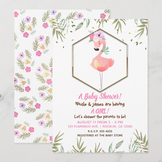 Tropisk akvarell Rosa Flamingo Baby Shower Inbjudningar (Fram/baksida)