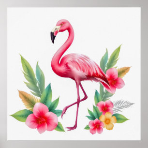 Tropisk akvarell Rosa Flamingo Blommig Hawaiiansk Poster