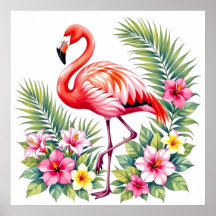 Tropisk akvarell Rosa Flamingo Blommig Hawaiiansk