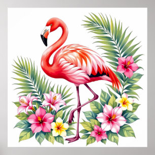 Tropisk akvarell Rosa Flamingo Blommig Hawaiiansk Poster