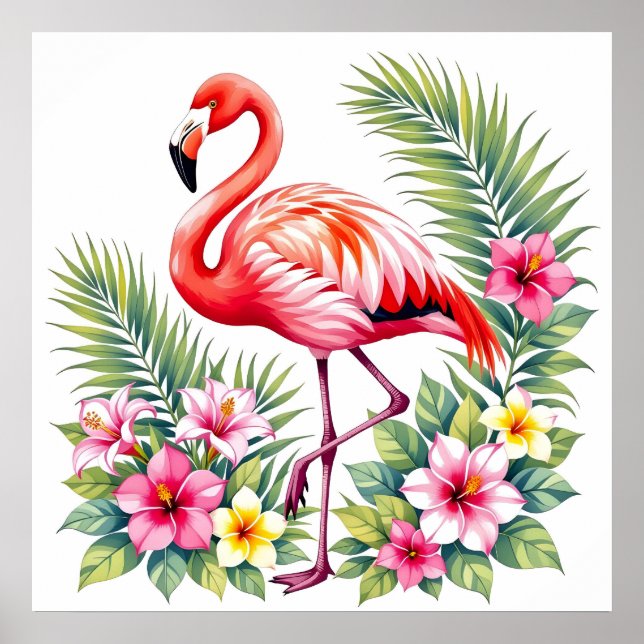 Tropisk akvarell Rosa Flamingo Blommig Hawaiiansk Poster (Framsidan)