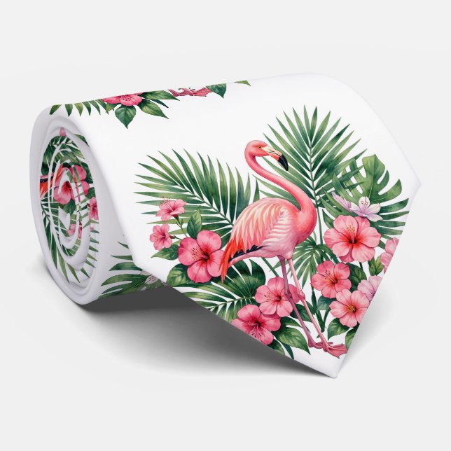 Tropisk akvarell Rosa Flamingo Blommig Hawaiiansk Slips (Rullad)