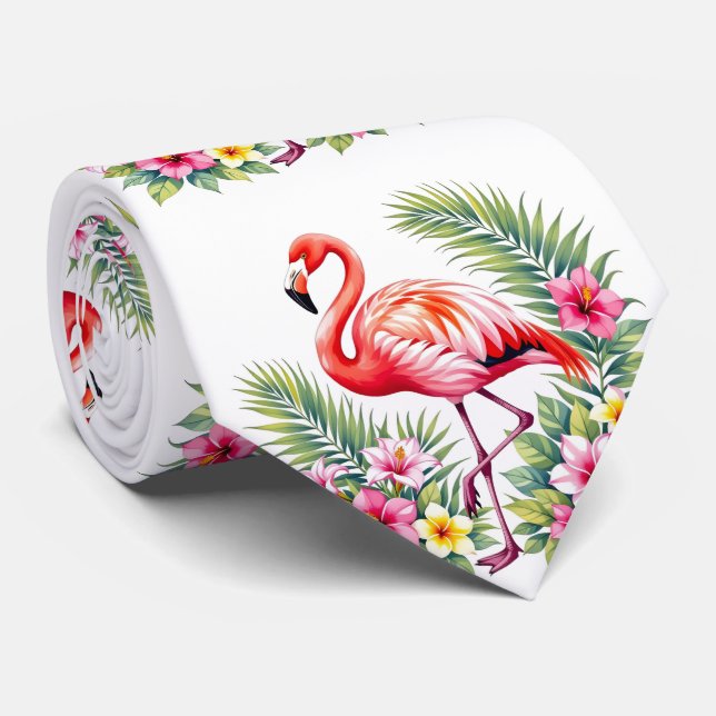 Tropisk akvarell Rosa Flamingo Blommig Hawaiiansk Slips (Rullad)