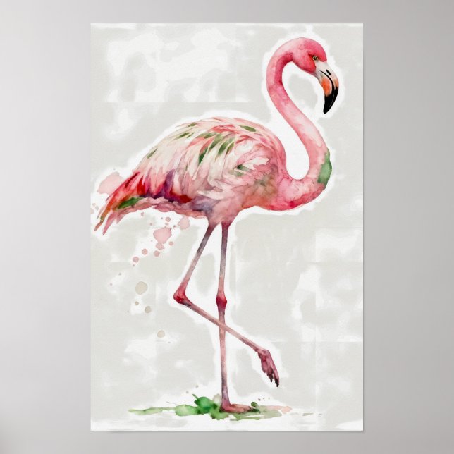 Tropisk akvarell Rosa Flamingo På Vit Poster (Framsidan)