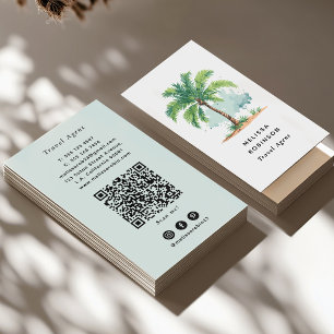 Tropisk Akvarell Strand Palmtree Grön QR-kod Visitkort