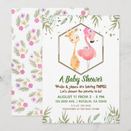 Tropisk akvarellflamingo & giraffbabyshower inbjudningar