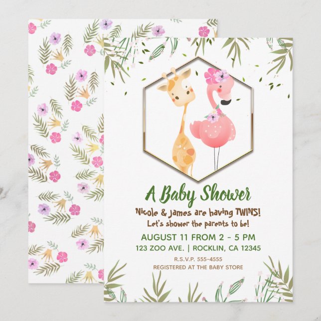 Tropisk akvarellflamingo & giraffbabyshower inbjudningar (Fram/baksida)