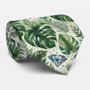 Tropisk akvarellgrönska blad med diamanter slips