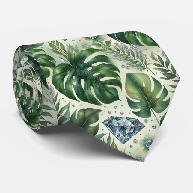 Tropisk akvarellgrönska blad med diamanter slips (Rullad)