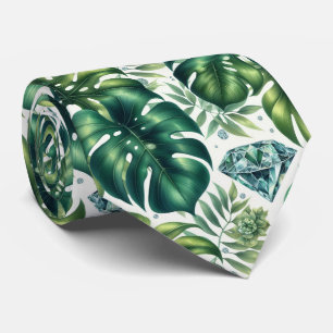 Tropisk akvarellgrönska blad med diamanter slips