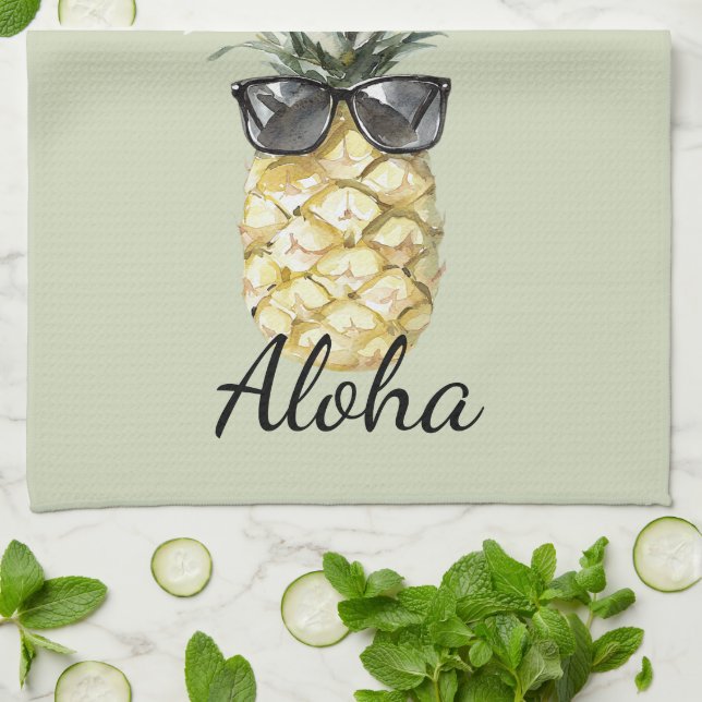 Tropisk Aloha Ananas med solglasögon Kökshandduk (Vikta)