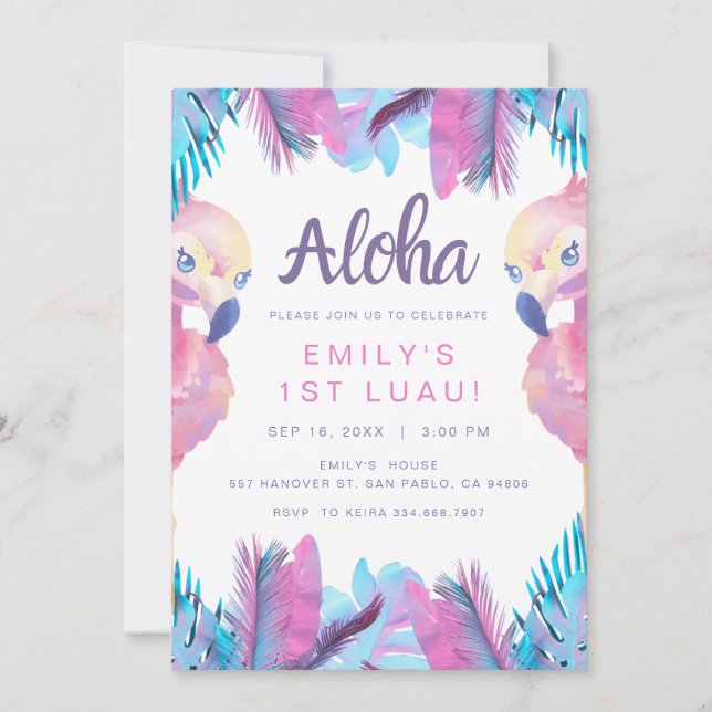 Tropisk Aloha Flamingo 1:a Luau Födelsedag Inbjudningar (Framsida)