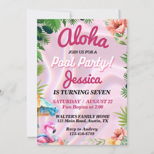 Tropisk Aloha Pool Party Födelsedag Inbjudningar (Framsida)