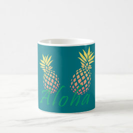 tropisk "aloha" text för sommar, färgrik ananas kaffemugg