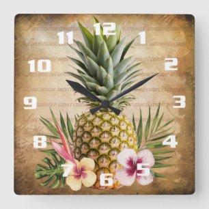 Tropisk Ananas Fransk Kalligrafi stilfull Fyrkantig Klocka
