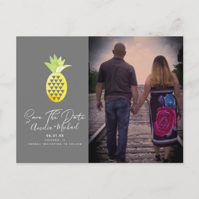 Tropisk Ananas Grå Spara Datum Foto Vykort (Framsida)
