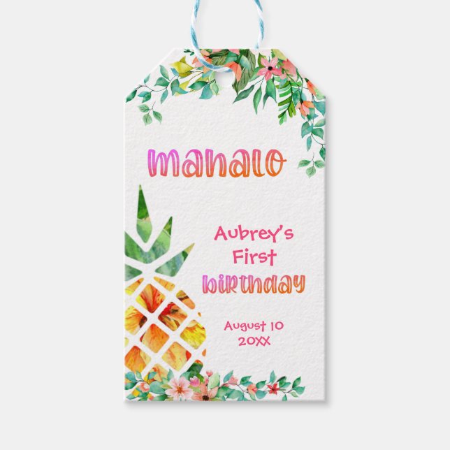 Tropisk ananas MAHALO-Tack på första födelsedagen Presentetikett (Framsidan)