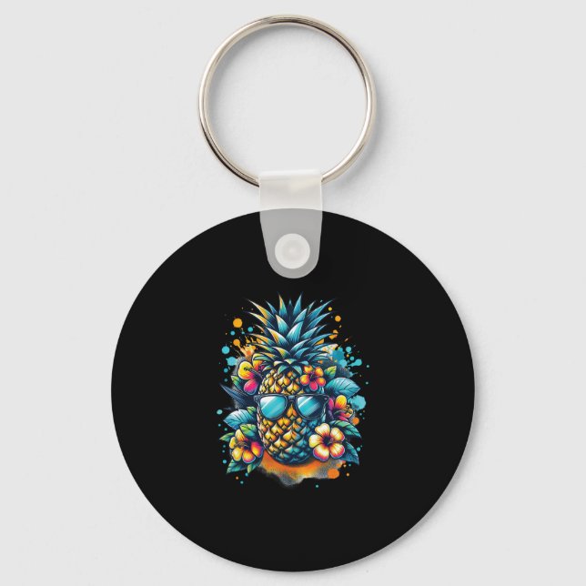 Tropisk Ananas Med Solglasögon Retro Sommar Vibbar Nyckelring (Framsida)