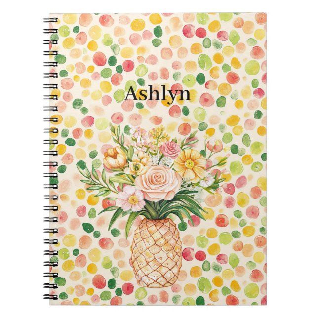 Tropisk Ananas Röda Blommor Gul Anteckningsbok (Framsidan)