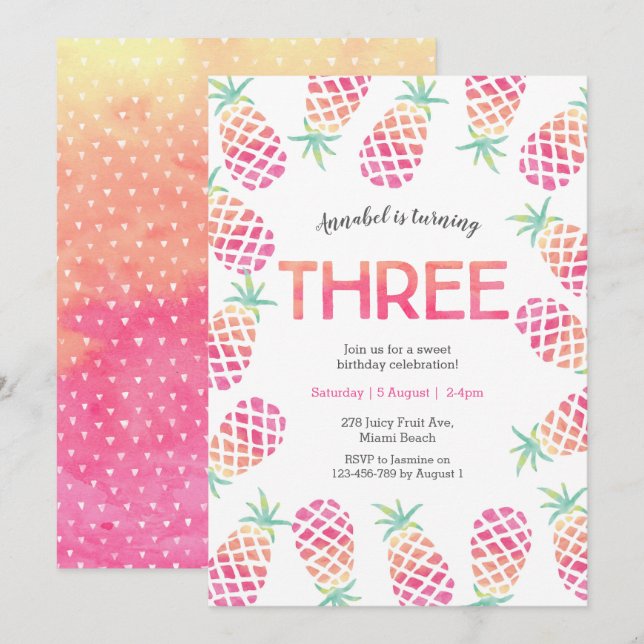 Tropisk ananas rosa 3:e födelsedag Inbjudan (Fram/baksida)