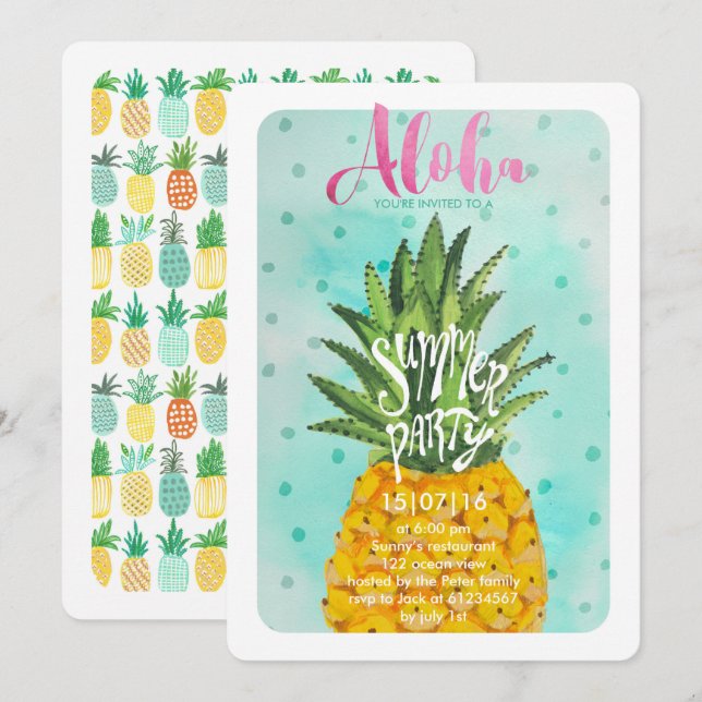 Tropisk Ananas | Sommar Luau-fest Invitation Inbjudningar (Fram/baksida)
