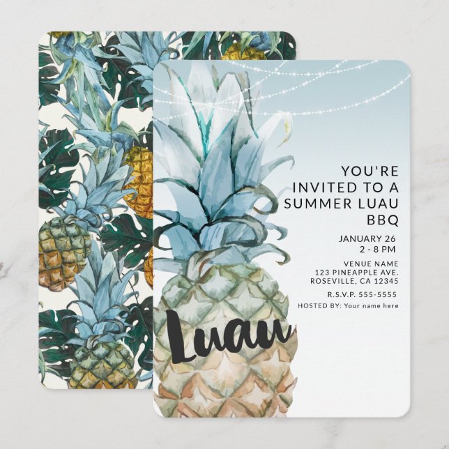 Tropisk ananas & strängljus sommar luau grillfest inbjudningar (Fram/baksida)