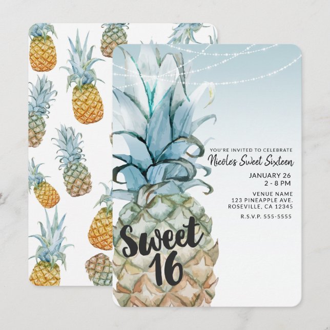 Tropisk ananas & strängljus Söt 16-fest Inbjudningar (Fram/baksida)
