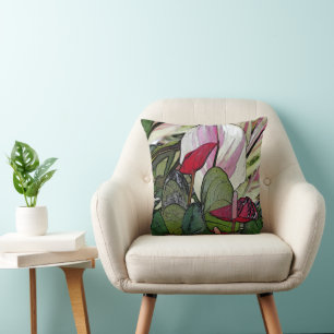 TROPISK ANTHURIUM/RED GRÖNT OCH MAUVE-ISH FÄRG KUDDE