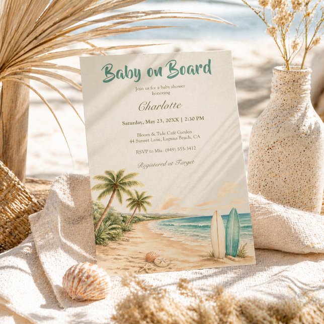 Tropisk Baby Ombord Surfande Strand Bebis Shower Inbjudningar (Skapare uppladdad)
