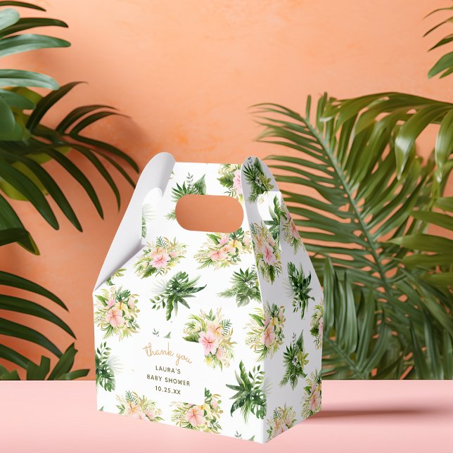 Tropisk Baby Shower Blommig Tacksamhet Presentaskar (favor box mockup for a tropical baby shower with jungle leaves and flowers, botanical pattern)