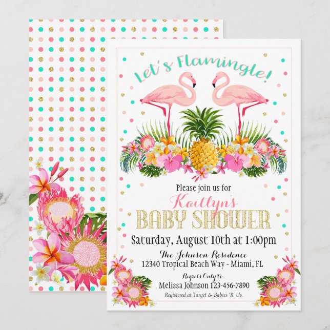 Tropisk baby shower för Flamingoananas Inbjudningar (Fram/baksida)