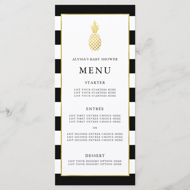 Tropisk baby showermeny för randig guld- ananas meny (Framsida)
