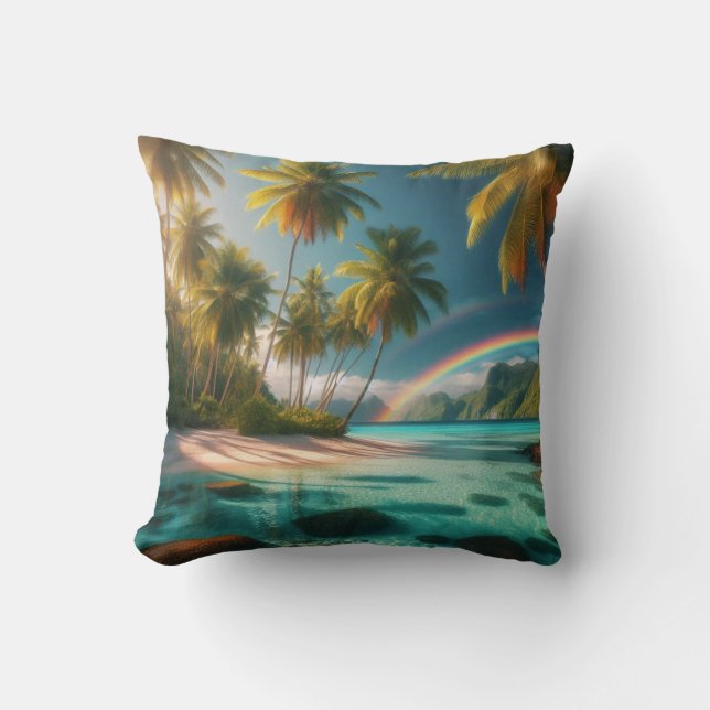 Tropisk båge med regnbåge och Handflatan Träd Kudde (Framsida)