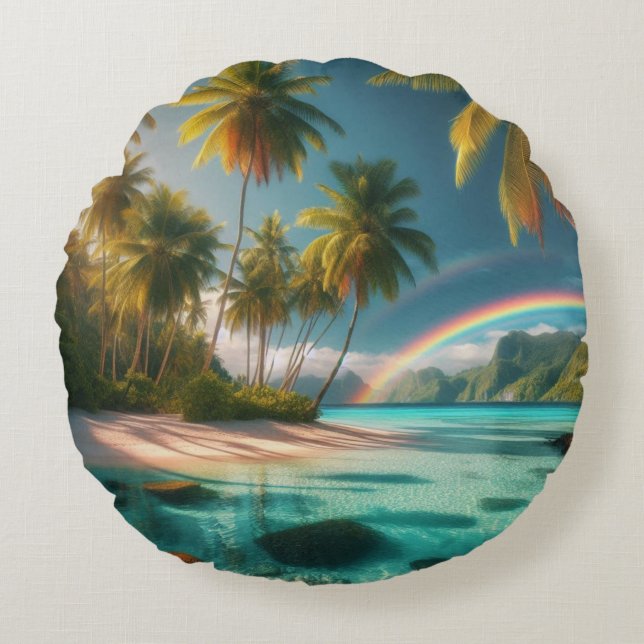 Tropisk båge med regnbåge och Handflatan Träd Rund Kudde (Framsidan)