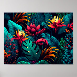 Tropisk bakgrund med exotiska blommor och löv poster