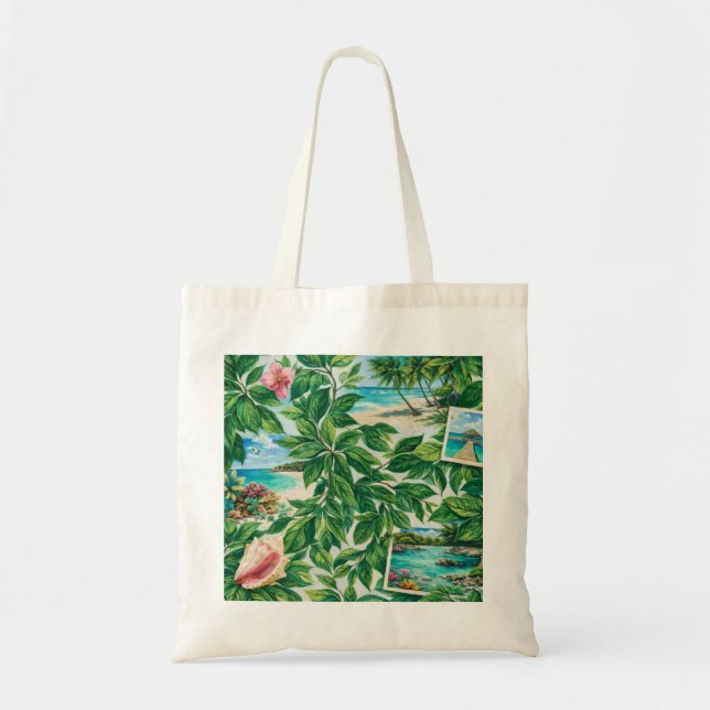 Tropisk Barbuda Beach Botanisk Collage Tygkasse (Framsidan)