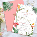 Tropisk Bat Mitzvah Guldskrift Blommig Akvarell Inbjudningar<br><div class="desc">Var stolt, gläd dig och visa upp denna milstolpe för din favorit Bat Mitzvah med denna sofistikerade, personliga inbjudan! Stilsäkra, fantastiska, färgglada, tropiska akvarellfåglar paradisfåglar, falskt guld handskriven skrift, Davidsstjärna och glitterprickar, tillsammans med modern sans serif-typ i mörk rosaröd och grå, överlagrar en vit bakgrund. Ytterligare akvarellpalmer och en gulddavidsstjärna...</div>