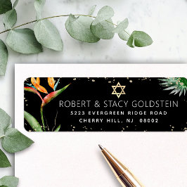 Tropisk Bat Mitzvah Svart Guld Akvarell Adress Returadress Etikett