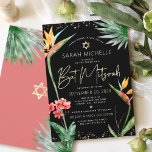 Tropisk Bat Mitzvah Svart Guld Blommig Akvarell Inbjudningar<br><div class="desc">Var stolt, gläd dig och visa upp denna milstolpe för din älskade Bat Mitzvah med denna sofistikerade, personliga inbjudan! Stilsäkra, fantastiska, färgglada, tropiska akvarellfåglar paradisfåglar, falskt guld handskriven stil, Davidsstjärna och glitterprickar, tillsammans med modern sans serif-typ, överlagrar en dramatisk, svart bakgrund. Ytterligare akvarellpalmblad och en gulddavidsstjärna överlagrar dammig, rosaröd på...</div>