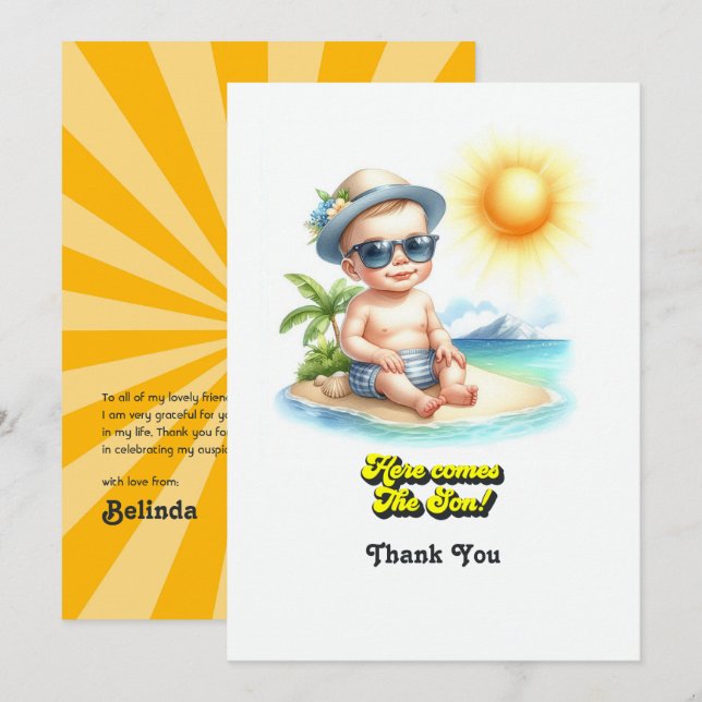 Tropisk Beach Boy Kommer Sonen Baby Shower Tack Kort (Fram/baksida)