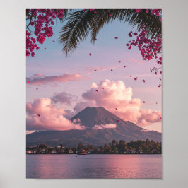 Tropisk Bergssolnedgång Blommig Landskapsaffisch Poster
