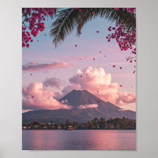 Tropisk Bergssolnedgång Blommig Landskapsaffisch Poster