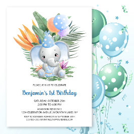 Tropisk blå Baby Elephant 1:a födelsedag Party Inbjudningar
