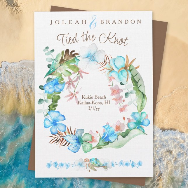 Tropisk blå brun Grönt Hibiscus Elopement Inbjudningar (elopement, beach wedding, blue tropical wedding, floral hibiscus flowers, we tied the knot)