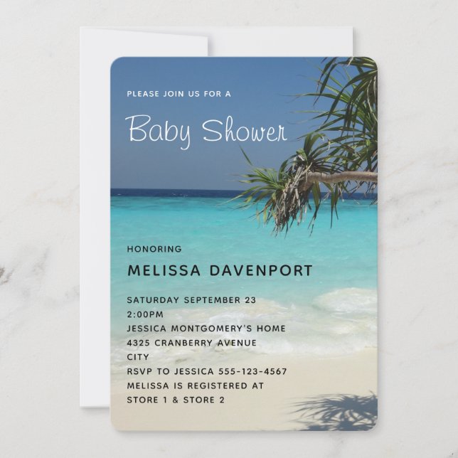 Tropisk blå havsstrand scen foto baby shower inbjudningar (Framsida)