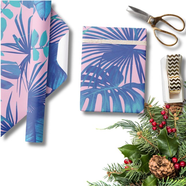 Tropisk blå Monstera & Palmblad Rosa Presentpapper (Skapare uppladdad)