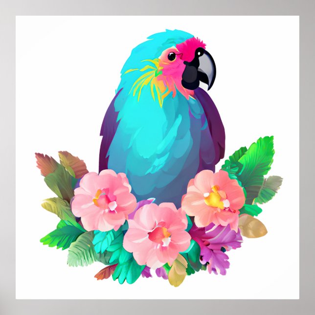 Tropisk blå papegoja med tropiska blommor poster (Framsidan)